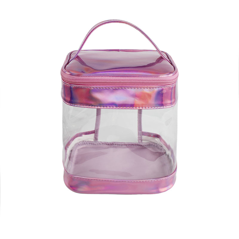 Pink Laser PU With Transparent PVC Women Hand Cosmetic Bag Waterproof Beach Bag