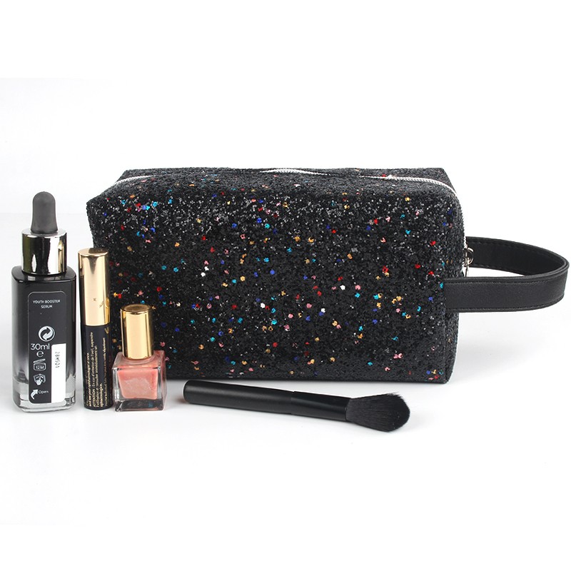 Excellent Quality Promotional glitter cosmetic bag LOGO Customized Luxury reusable makeup bag with ribbon handle