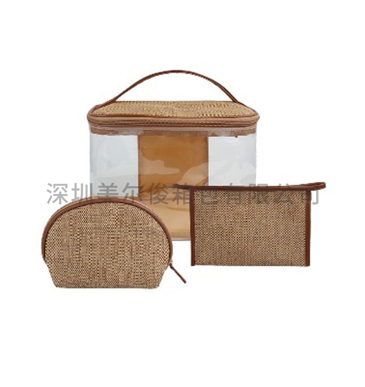 Natural straw & transparent PVC Cosemtic bag set