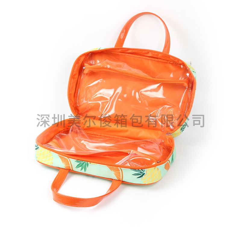 Tropical Fruit Pattern Design Carry Cosmetic Bag With Lifting Yoke PVC Lining Waterproof Travel Makeup Bag 