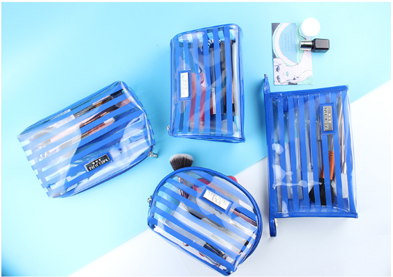 Wholesales Cheap Transparent PVC Cosmetic Bag Printed Blue Stripe Fashion Travel Makeup Pouches 