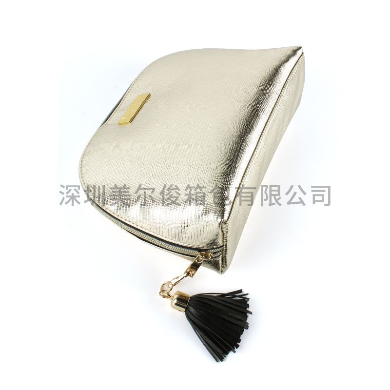 2020 New Fashion Gold PU Women Cosmetic Bag & Case Black Zipper and Tassels Makeup Pouch 