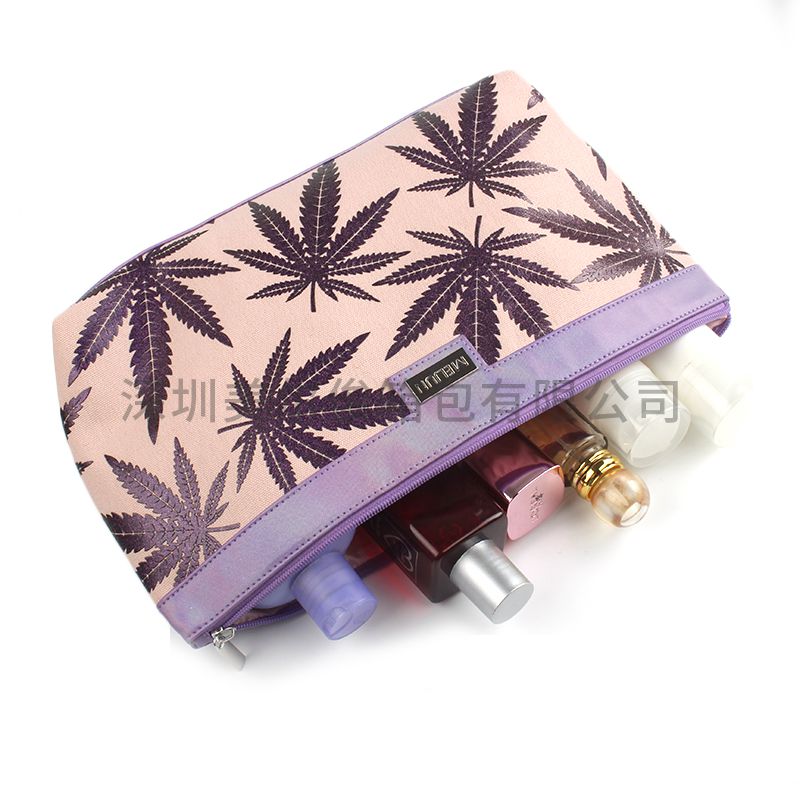 Wholesale Maple Leaf Printing Cotton Canvas Zipper Cosmetic Bag Customized Logo Makeup Travel Bag 