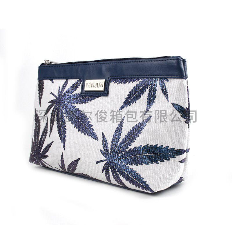 Wholesale Maple Leaf Printing Cotton Canvas Zipper Cosmetic Bag Customized Logo Makeup Travel Bag