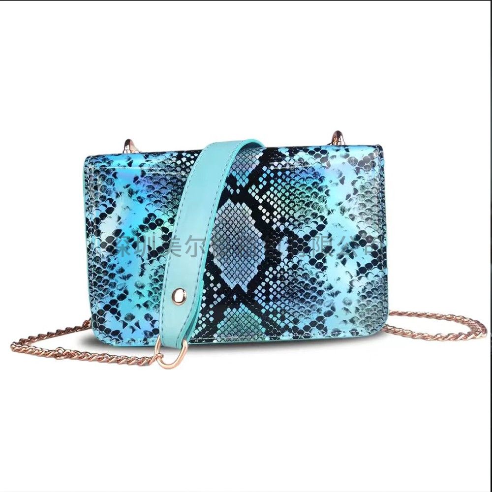 New modern fashion single shoulder oblique span waterproof mirror blue PU magic color snake print women's bag